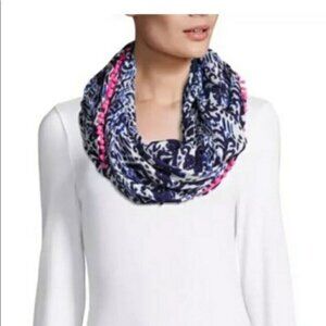 LILLY PULITZER Women’s Blue White Pink RILEY Infinity Scarf Tons Of Fun Pom Poms
